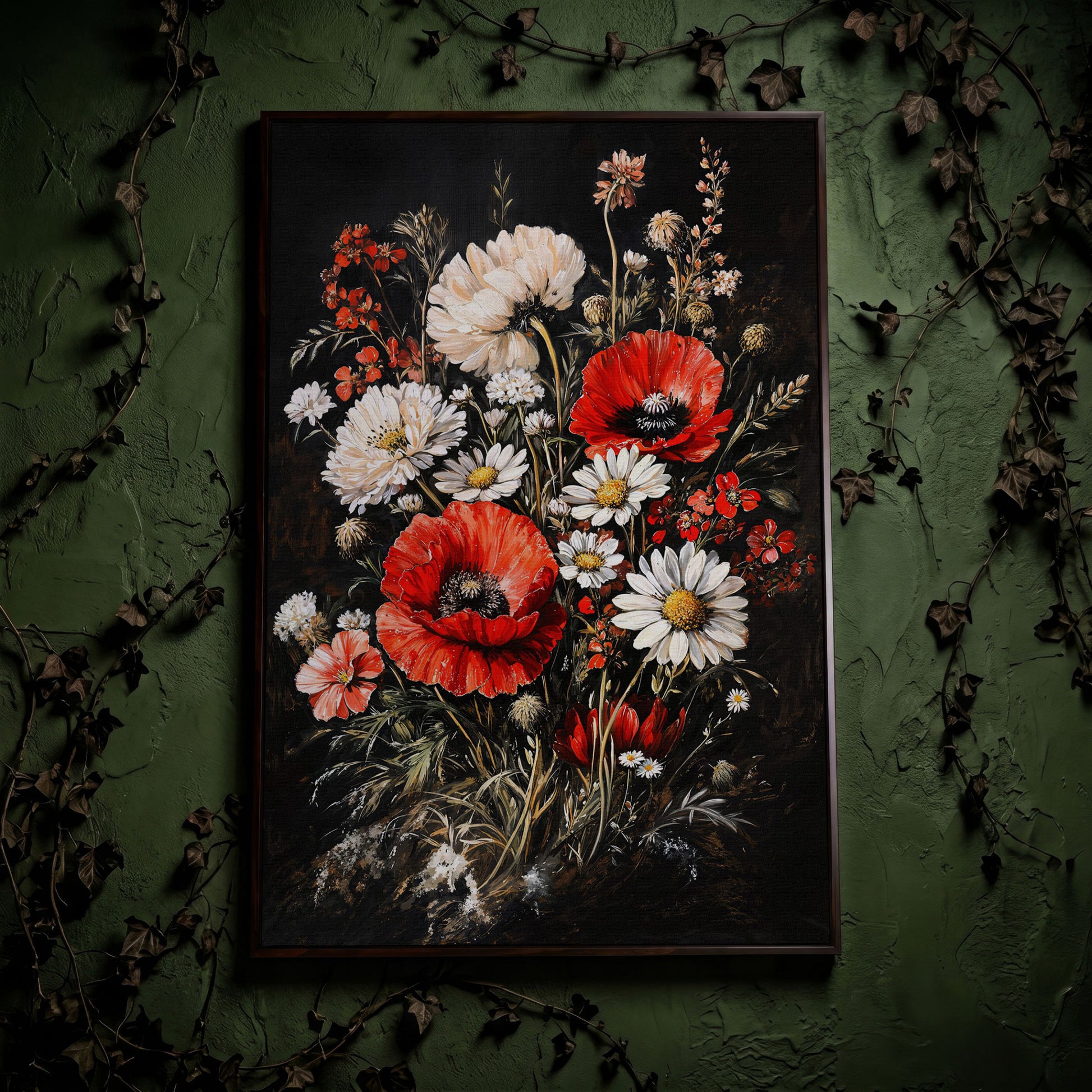 Red and White Wildflowers Canvas Print in dark walnut floating frame