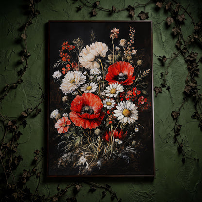Red and White Wildflowers Canvas Print in dark walnut floating frame