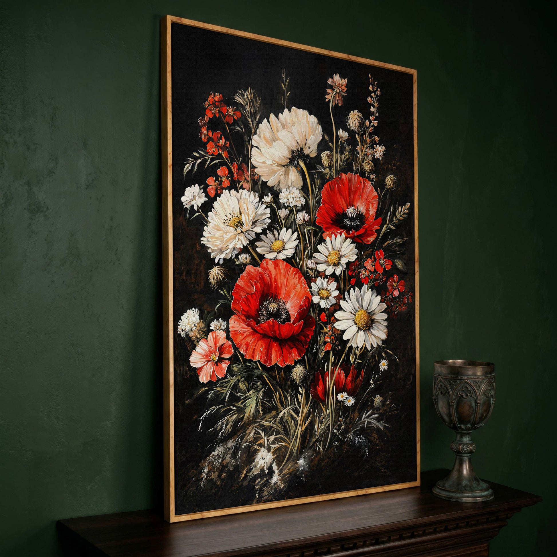 Red and White Wildflowers Canvas Print in white oak floating frame