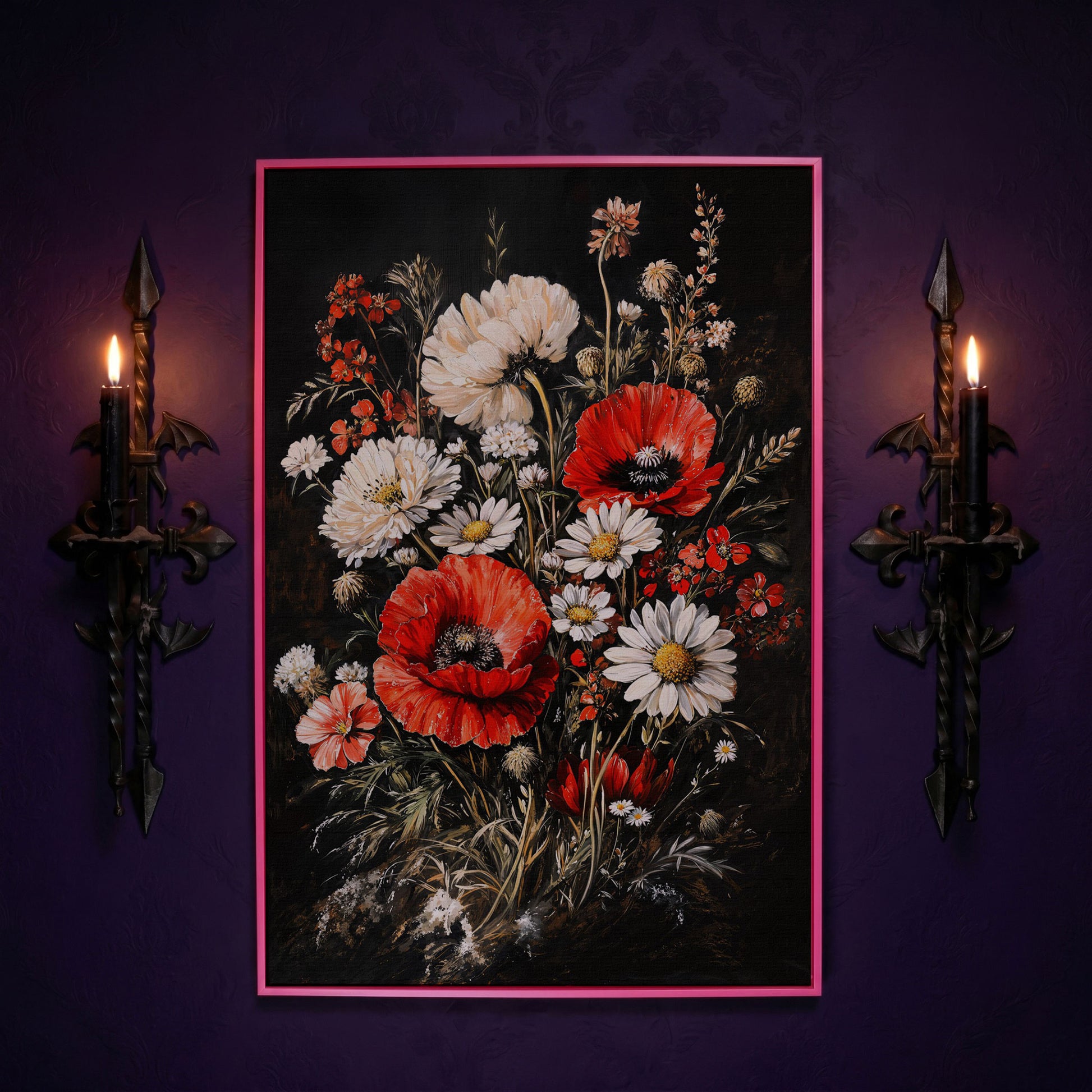 Red and White Wildflowers Canvas Print in pink floating frame