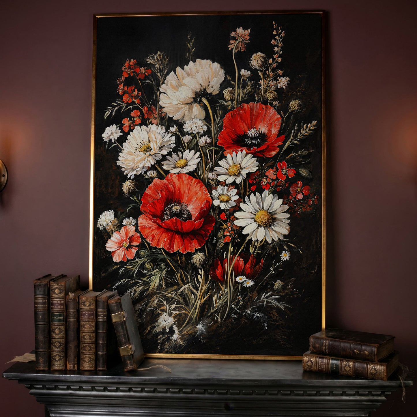 Red and White Wildflowers Canvas Print in rose gold floating frame