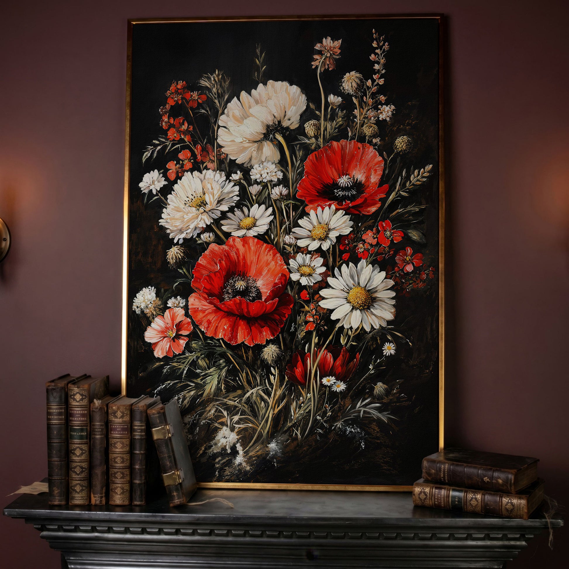 Red and White Wildflowers Canvas Print in rose gold floating frame