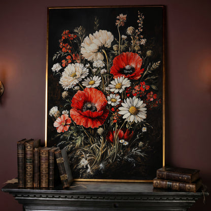Red and White Wildflowers Canvas Print in rose gold floating frame