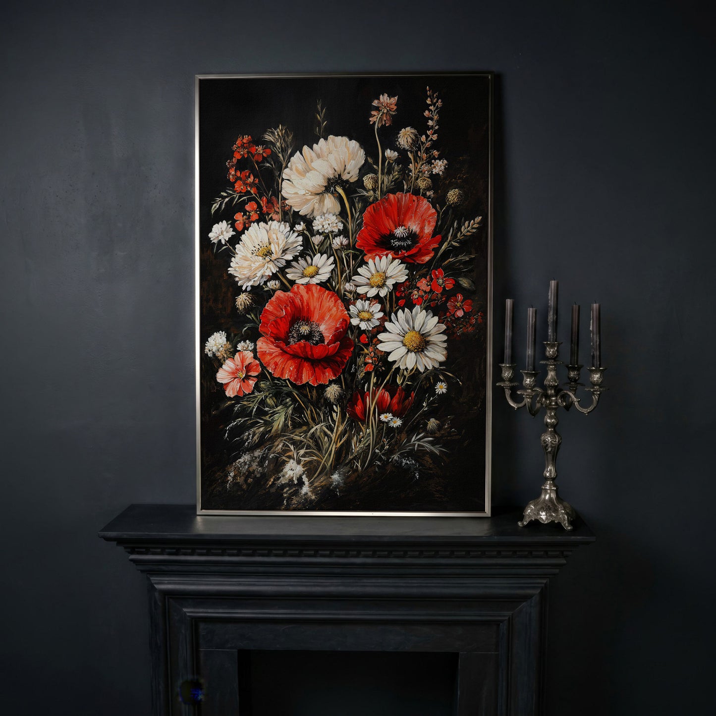 Red and White Wildflowers Canvas Print in silver floating frame