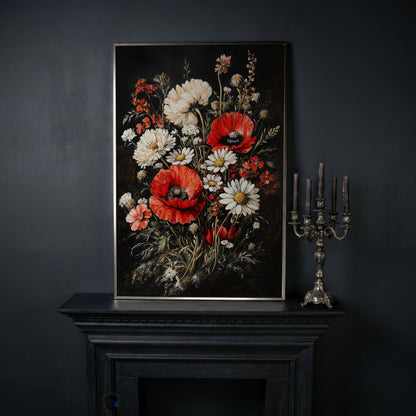 Red and White Wildflowers Canvas Print in silver floating frame
