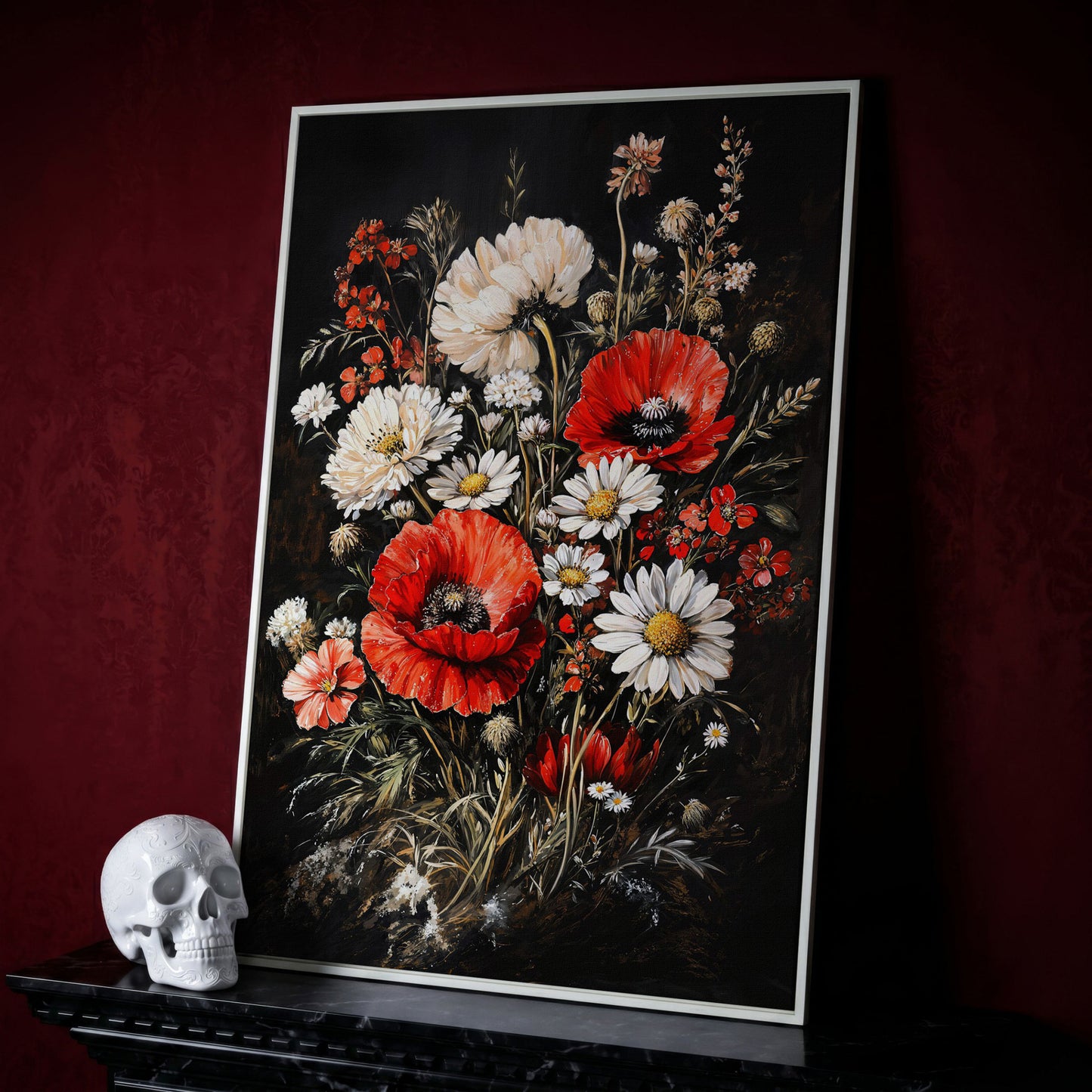 Red and White Wildflowers Canvas Print in white floating frame