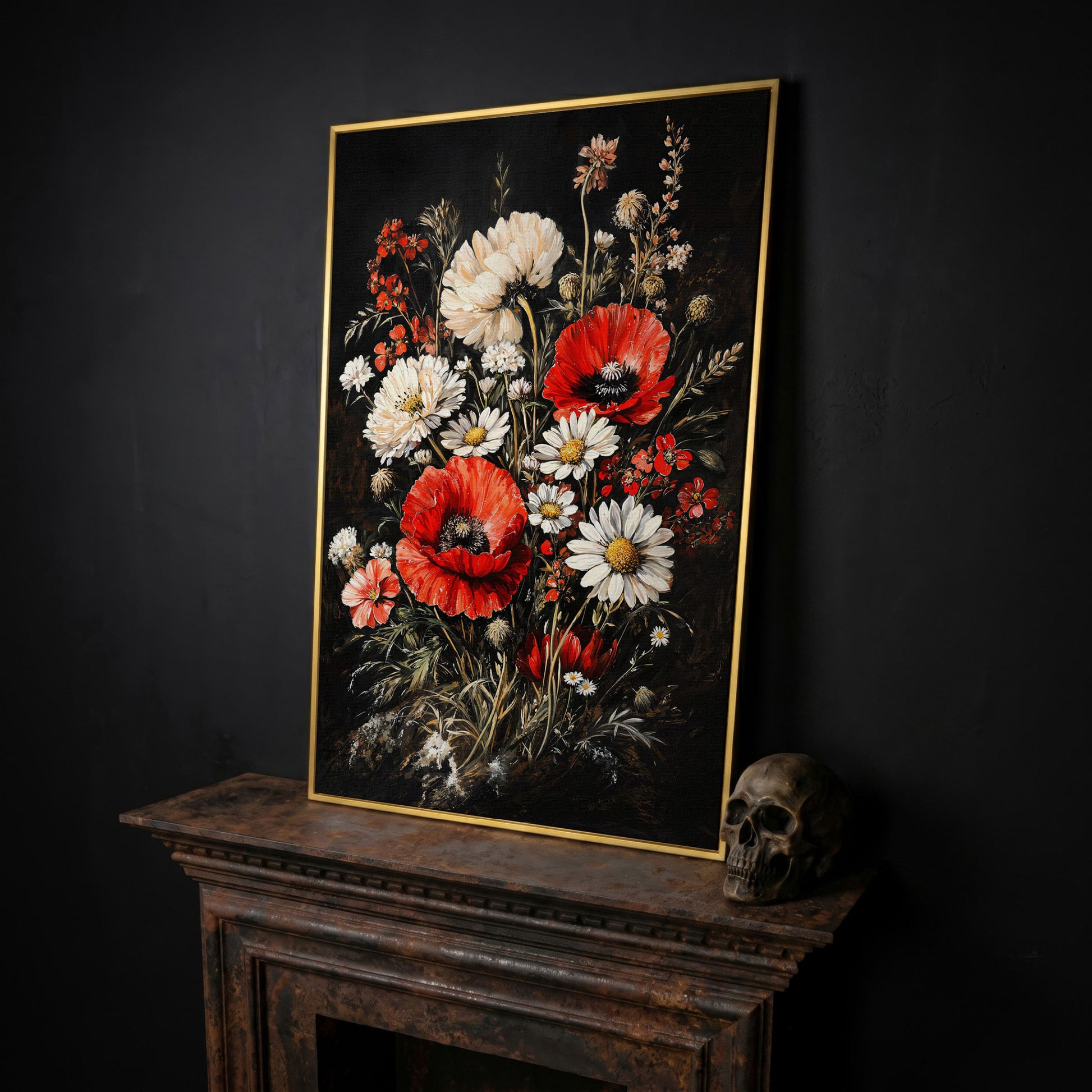 Red and White Wildflowers Canvas Print in yellow gold floating frame