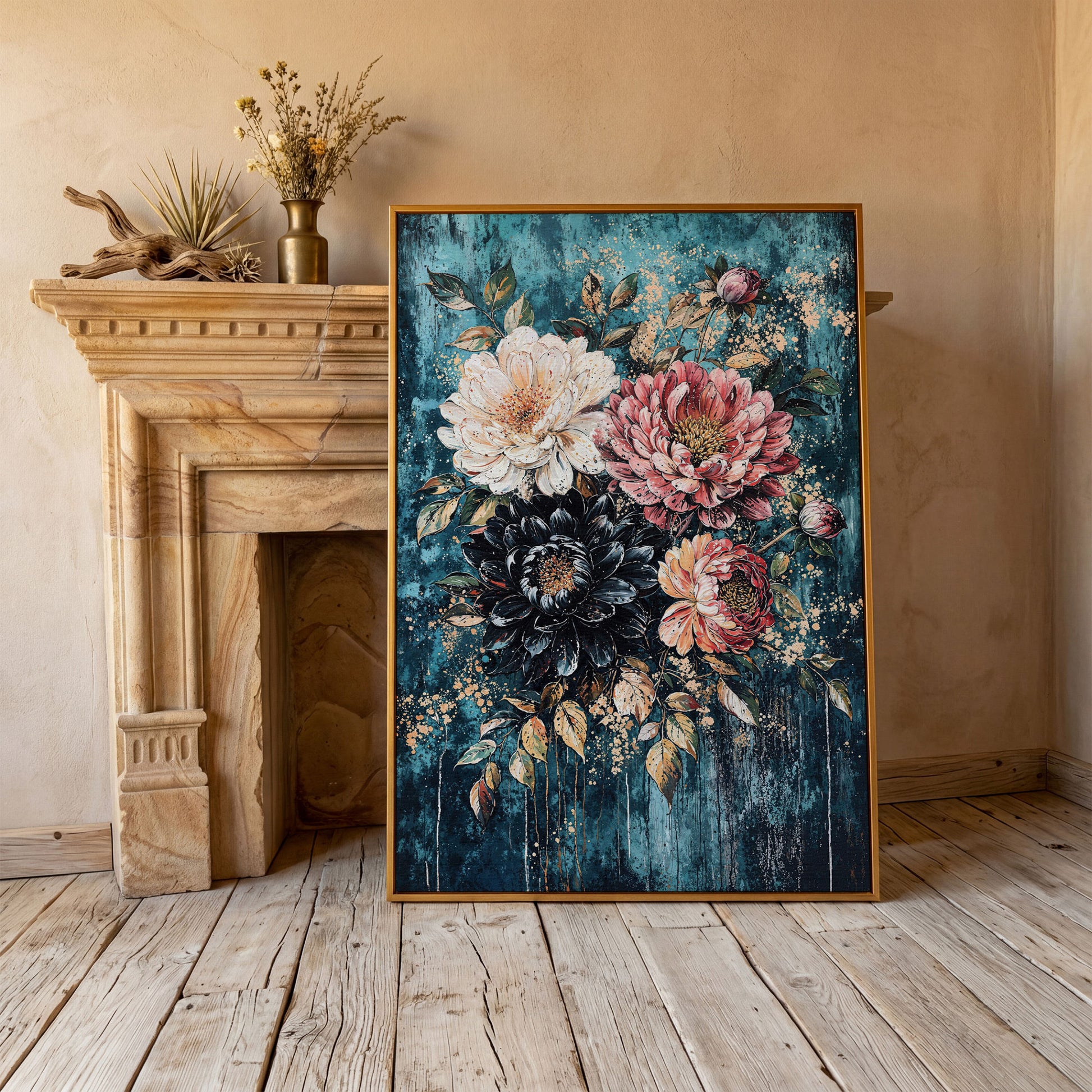 Vibrant Botanical Floral Canvas in Teal, Coral & Gold in antique gold floating frame
