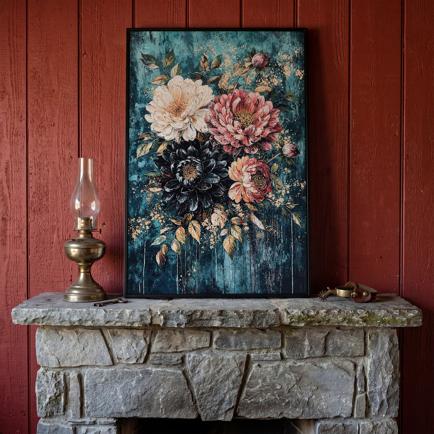 Vibrant Botanical Floral Canvas in Teal, Coral & Gold in black floating frame