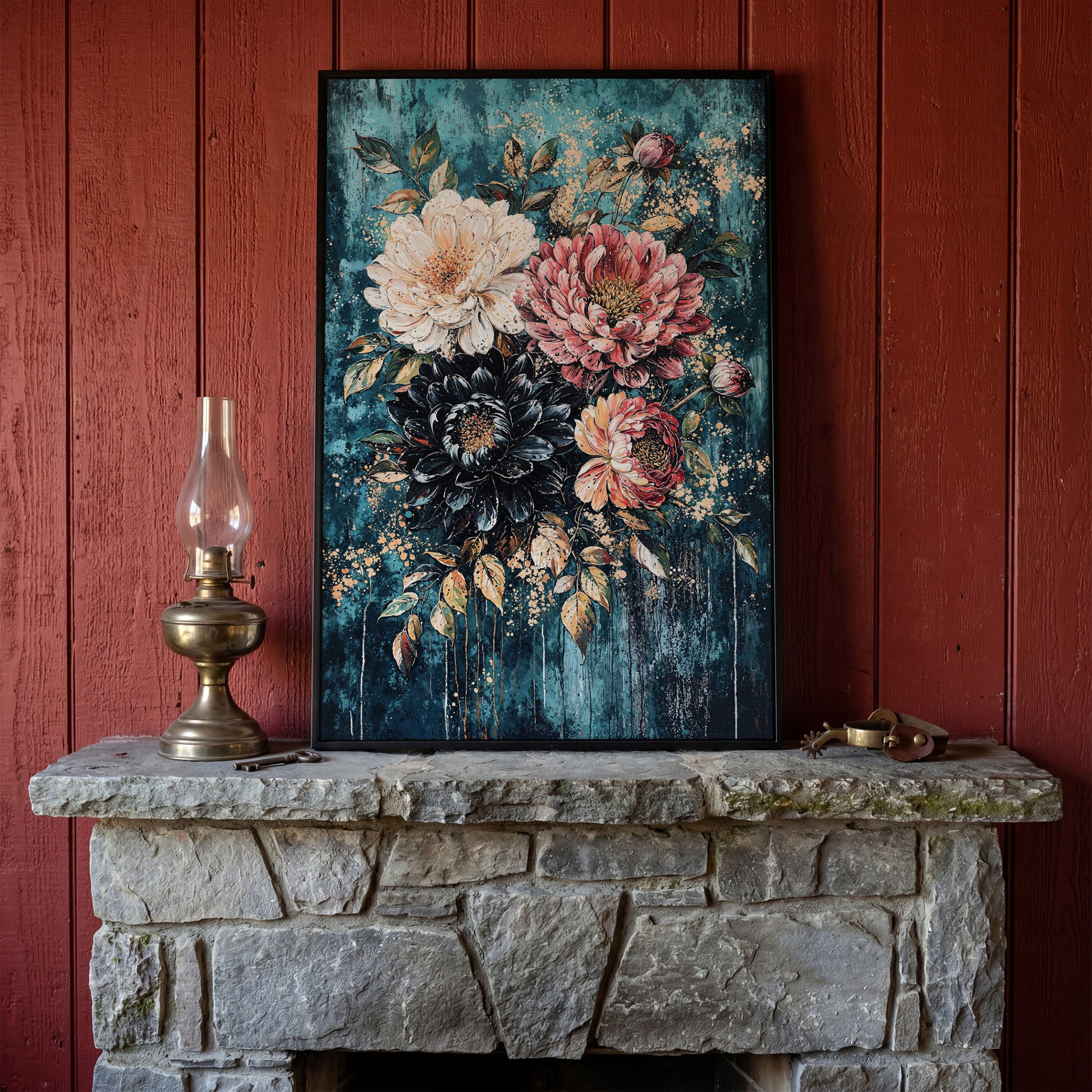 Vibrant Botanical Floral Canvas in Teal, Coral & Gold in black floating frame