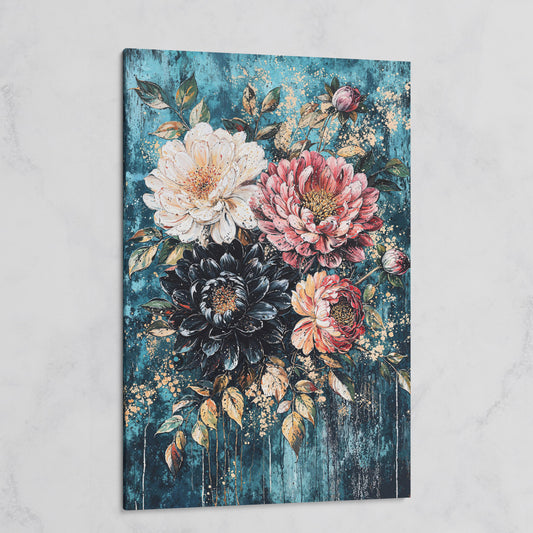 Vibrant Botanical Floral Canvas in Teal, Coral & Gold on gallery wrap
