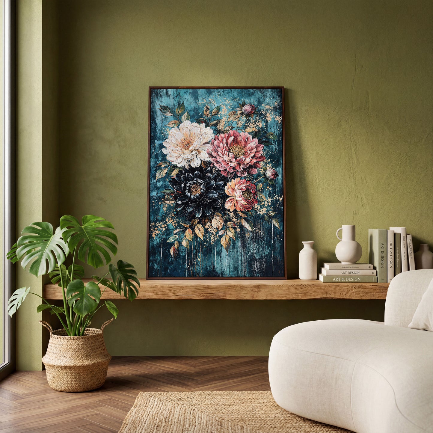Vibrant Botanical Floral Canvas in Teal, Coral & Gold in dark walnut floating frame