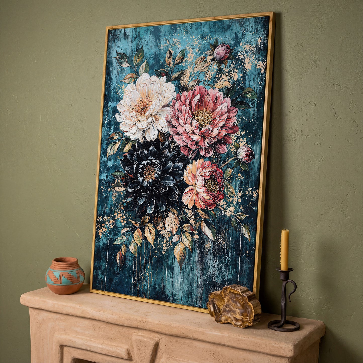 Vibrant Botanical Floral Canvas in Teal, Coral & Gold in white oak floating frame