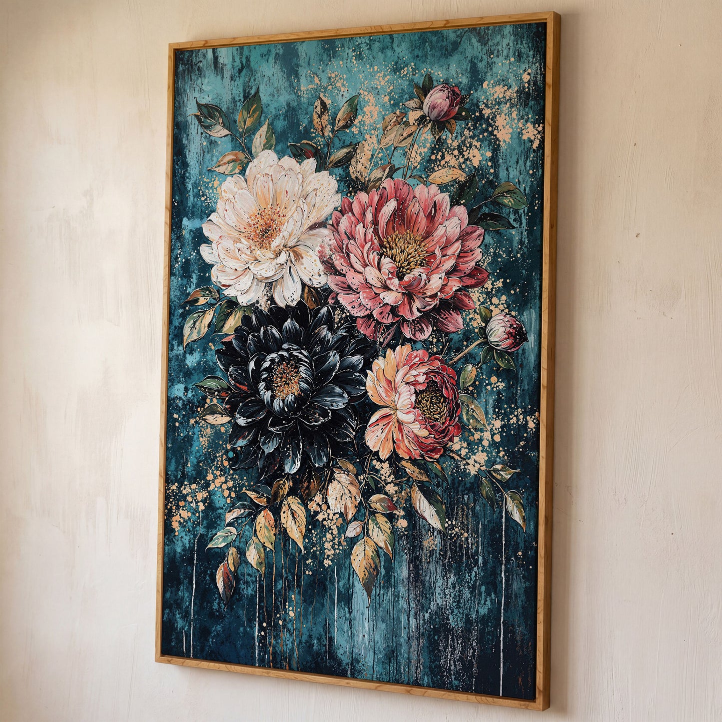 Vibrant Botanical Floral Canvas in Teal, Coral & Gold shown in white oak floating frame