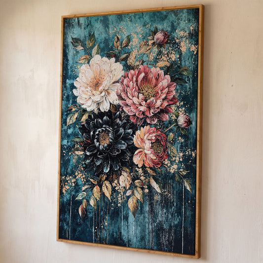 Vibrant Botanical Floral Canvas in Teal, Coral & Gold shown in white oak floating frame