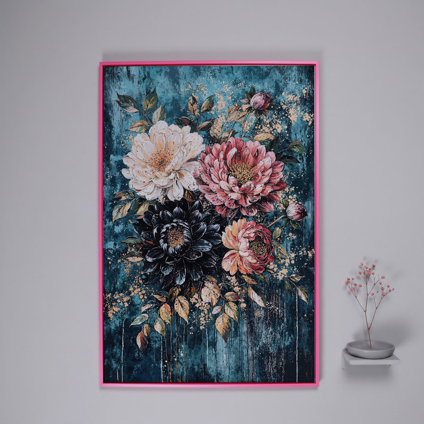 Vibrant Botanical Floral Canvas in Teal, Coral & Gold in pink floating frame