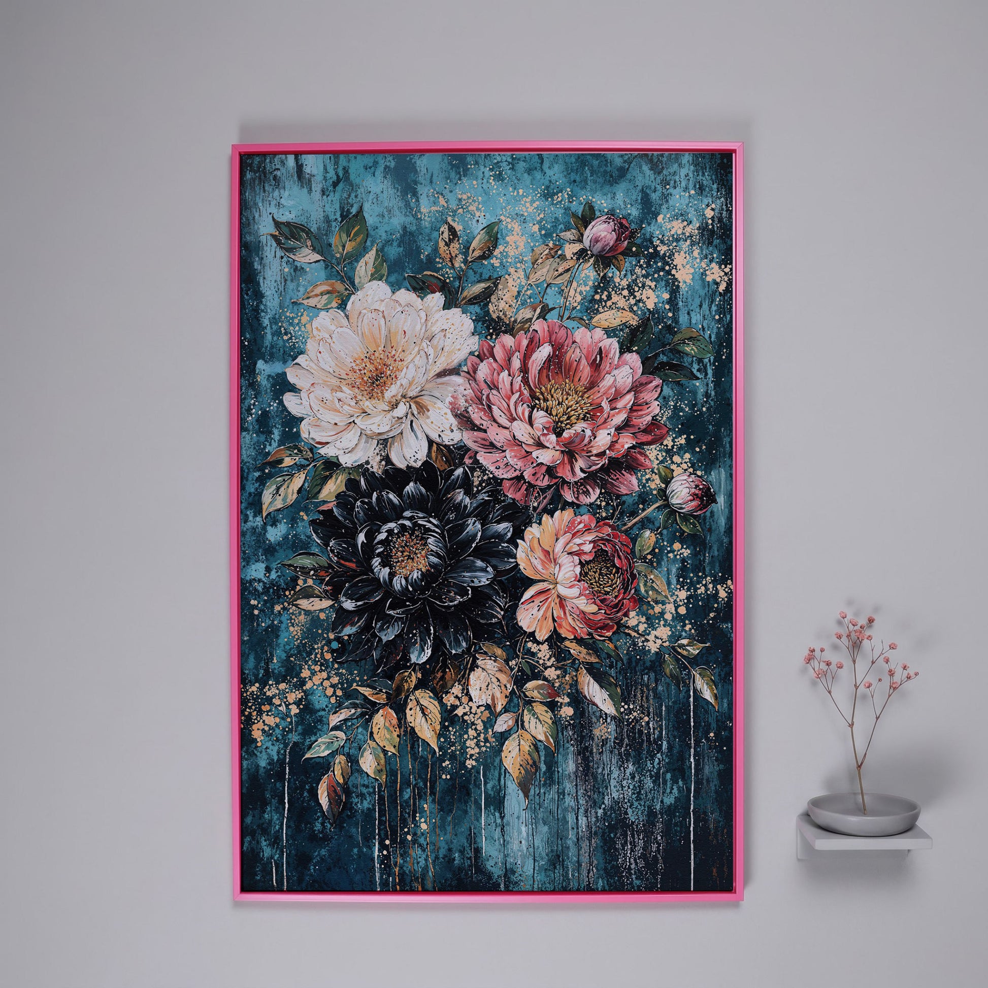 Vibrant Botanical Floral Canvas in Teal, Coral & Gold in pink floating frame