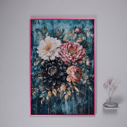 Vibrant Botanical Floral Canvas in Teal, Coral & Gold in pink floating frame