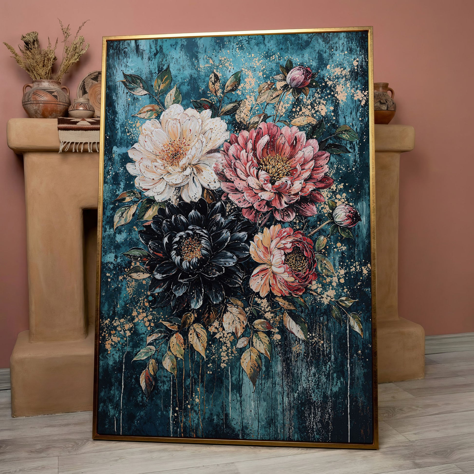 Vibrant Botanical Floral Canvas in Teal, Coral & Gold in rose gold floating frame