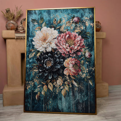 Vibrant Botanical Floral Canvas in Teal, Coral & Gold in rose gold floating frame