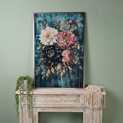 Vibrant Botanical Floral Canvas in Teal, Coral & Gold in silver floating frame