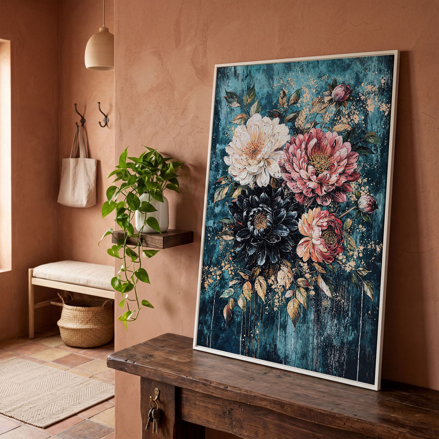 Vibrant Botanical Floral Canvas in Teal, Coral & Gold in white floating frame