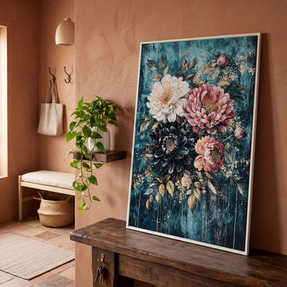 Vibrant Botanical Floral Canvas in Teal, Coral & Gold in white floating frame