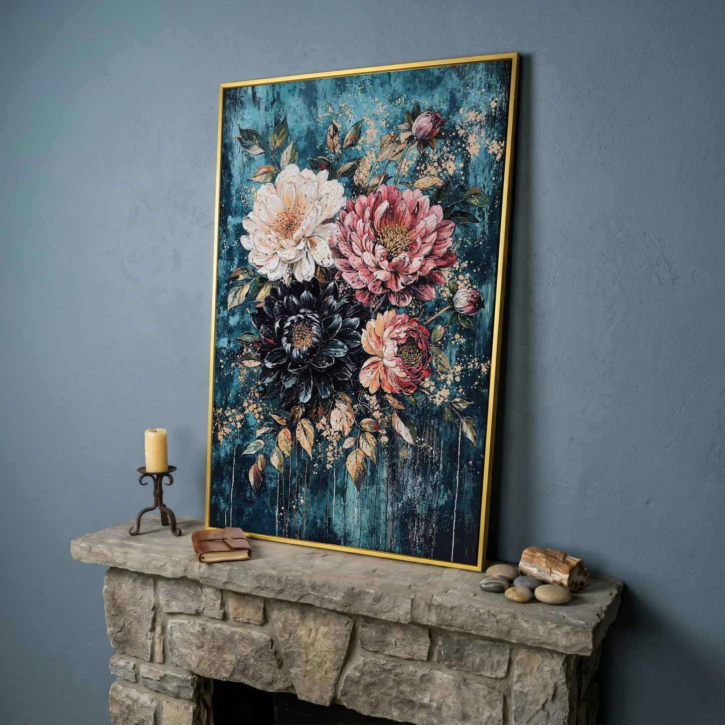 Vibrant Botanical Floral Canvas in Teal, Coral & Gold in yellow gold floating frame