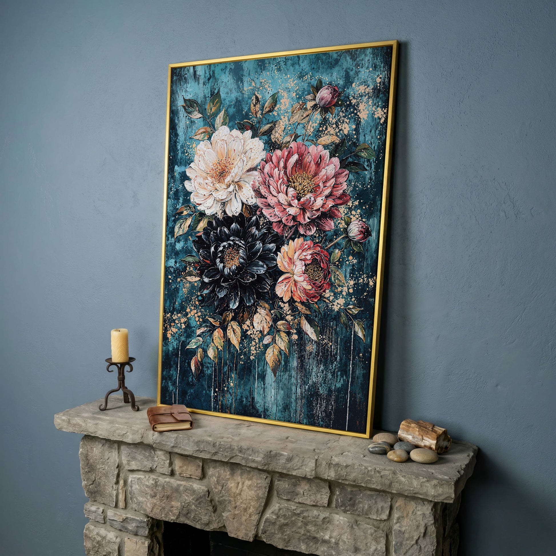 Vibrant Botanical Floral Canvas in Teal, Coral & Gold in yellow gold floating frame