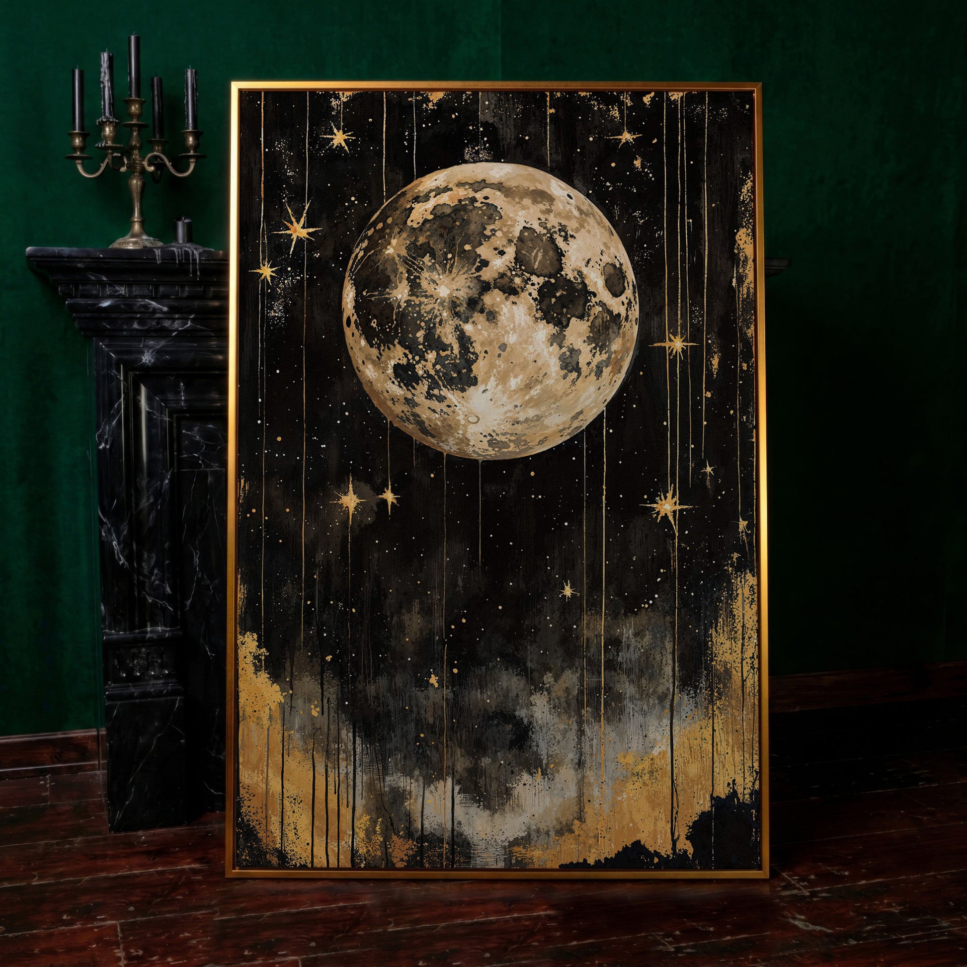 Golden Moon Starry Night Canvas in antique gold floating frame