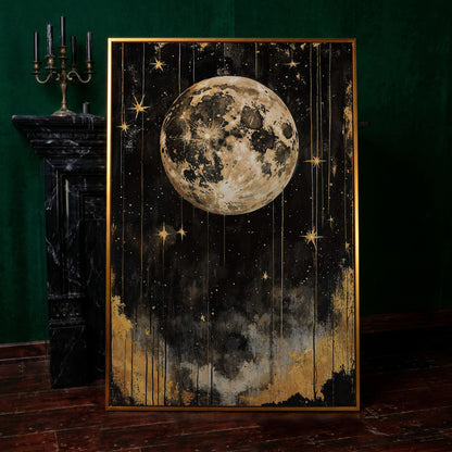 Golden Moon Starry Night Canvas in antique gold floating frame