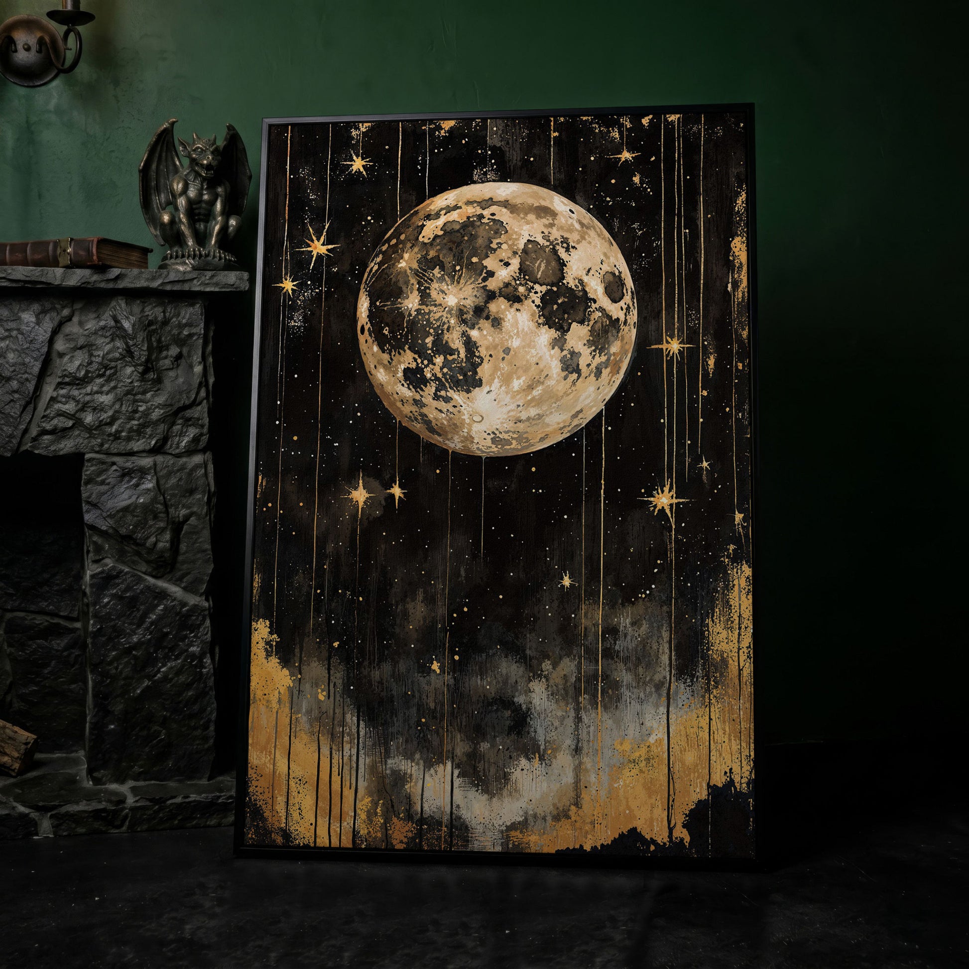 Golden Moon Starry Night Canvas in black floating frame