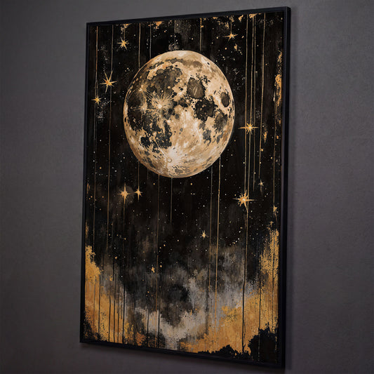 Golden Moon Starry Night Canvas shown in black floating frame