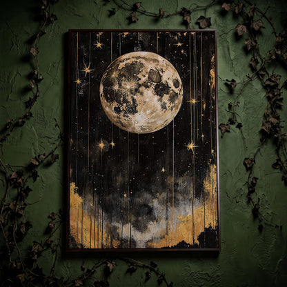 Golden Moon Starry Night Canvas in dark walnut floating frame