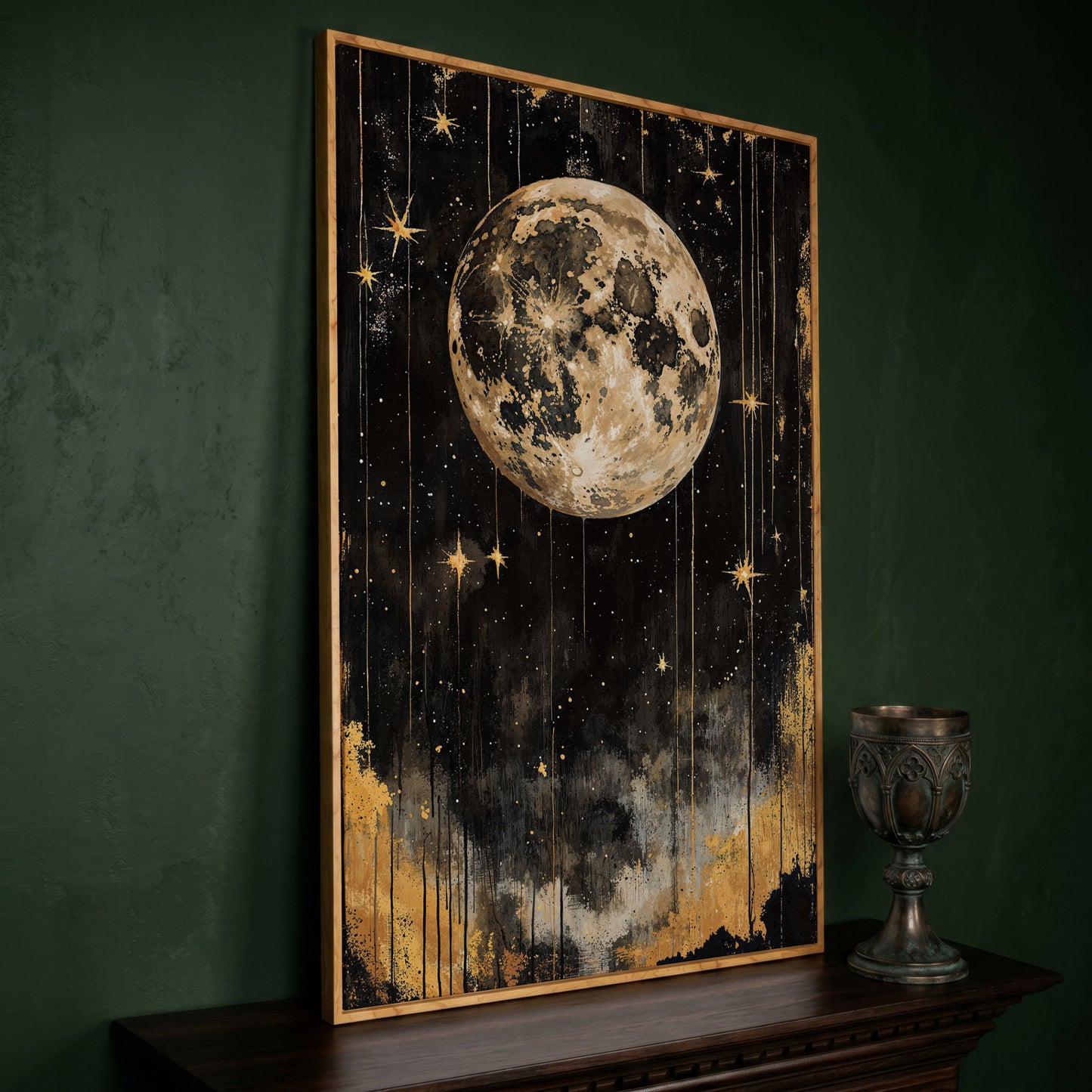 Golden Moon Starry Night Canvas in white oak floating frame