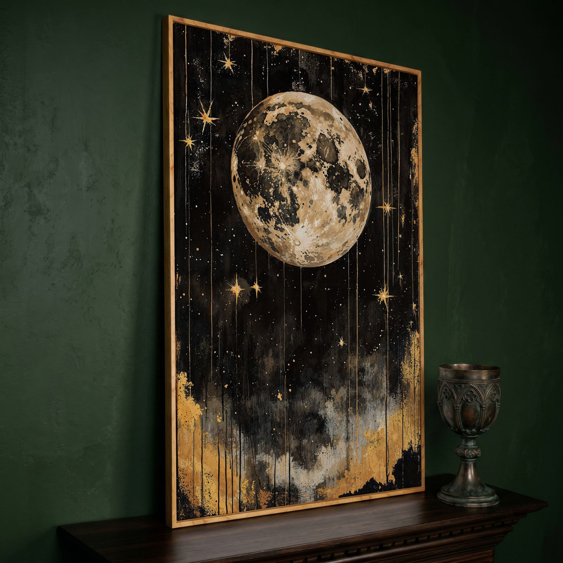 Golden Moon Starry Night Canvas in white oak floating frame