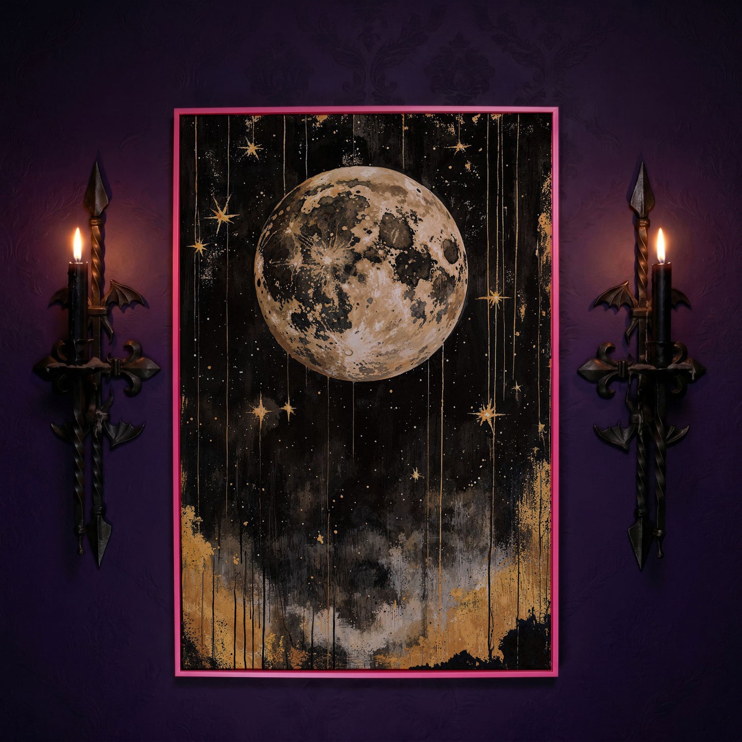 Golden Moon Starry Night Canvas in pink floating frame