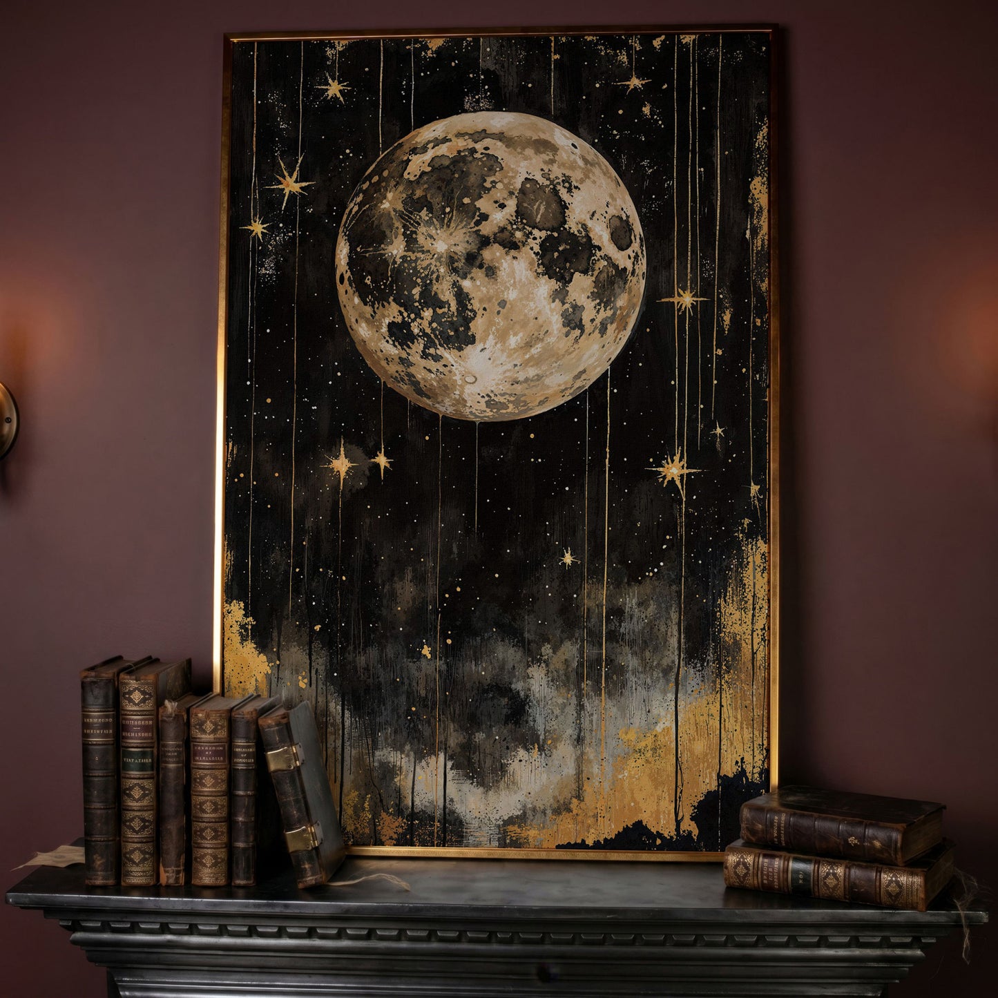 Golden Moon Starry Night Canvas in rose gold floating frame
