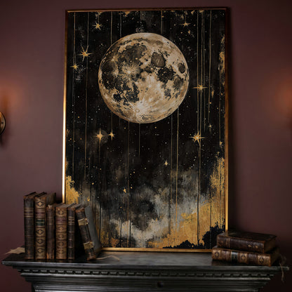 Golden Moon Starry Night Canvas in rose gold floating frame