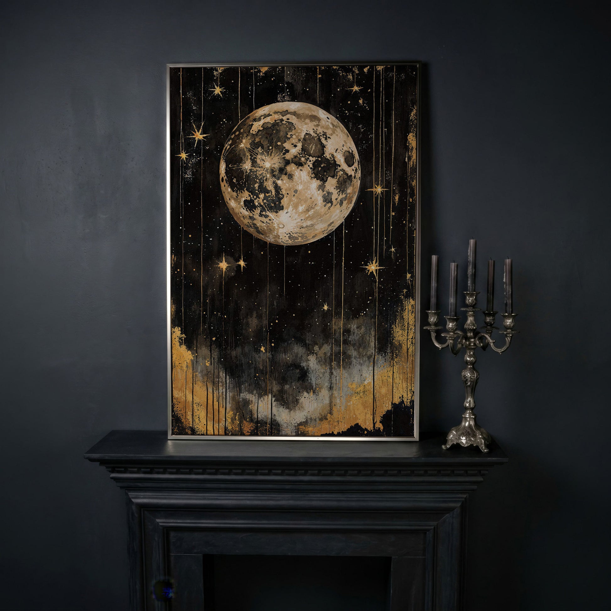 Golden Moon Starry Night Canvas in silver floating frame