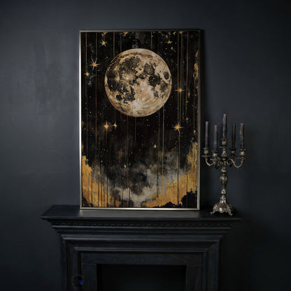 Golden Moon Starry Night Canvas in silver floating frame