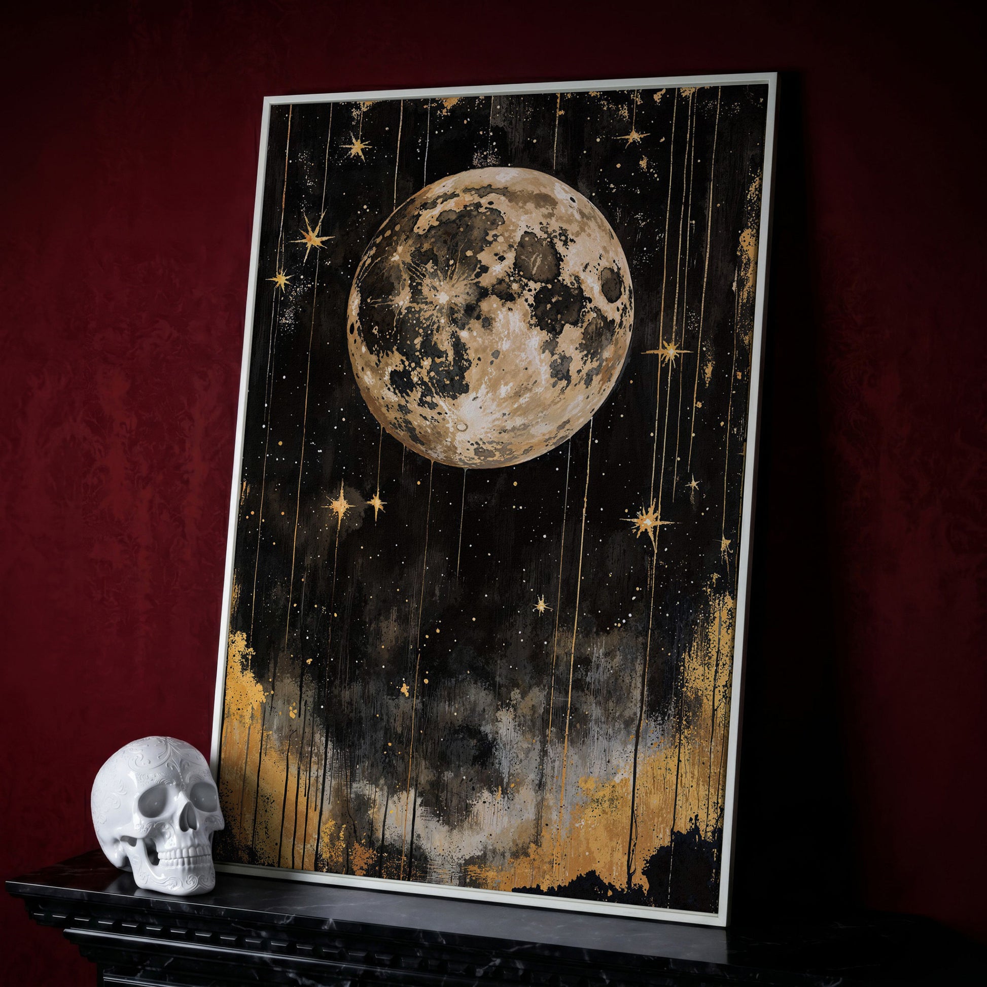 Golden Moon Starry Night Canvas in white floating frame