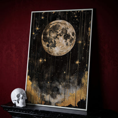 Golden Moon Starry Night Canvas in white floating frame