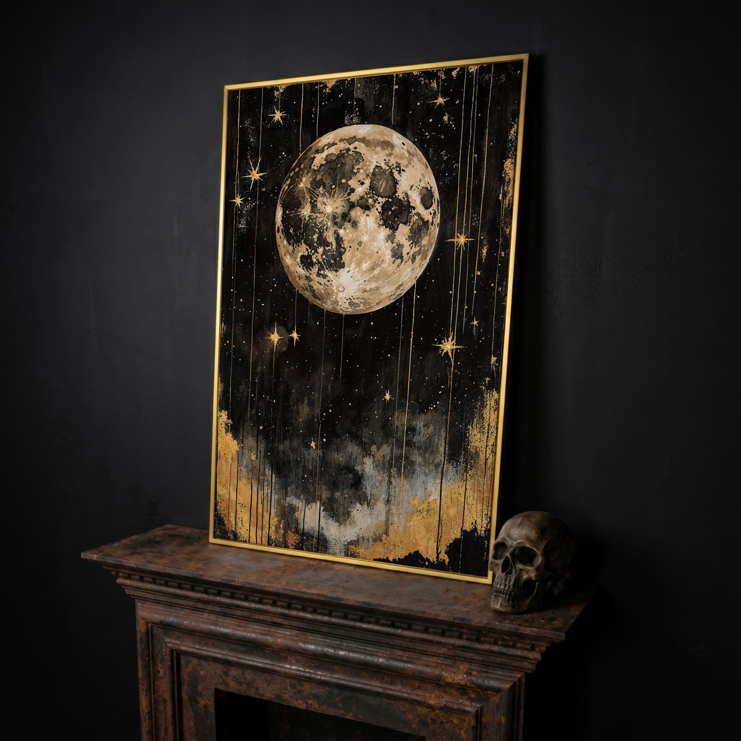 Golden Moon Starry Night Canvas in yellow gold floating frame