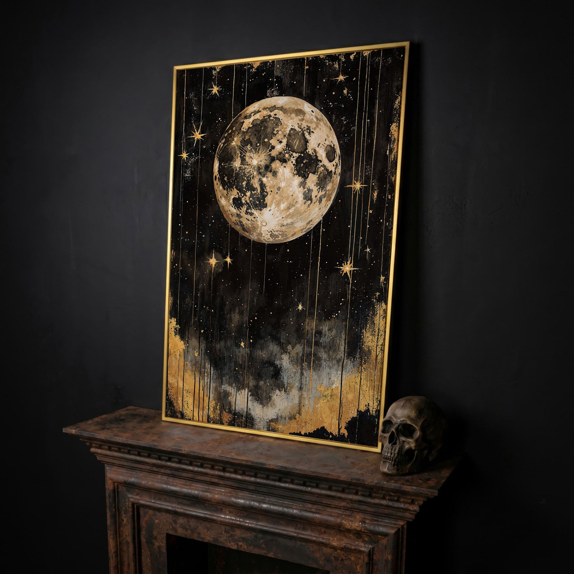 Golden Moon Starry Night Canvas in yellow gold floating frame