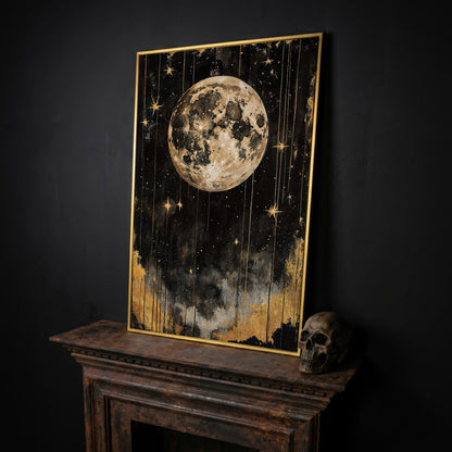 Golden Moon Starry Night Canvas in yellow gold floating frame