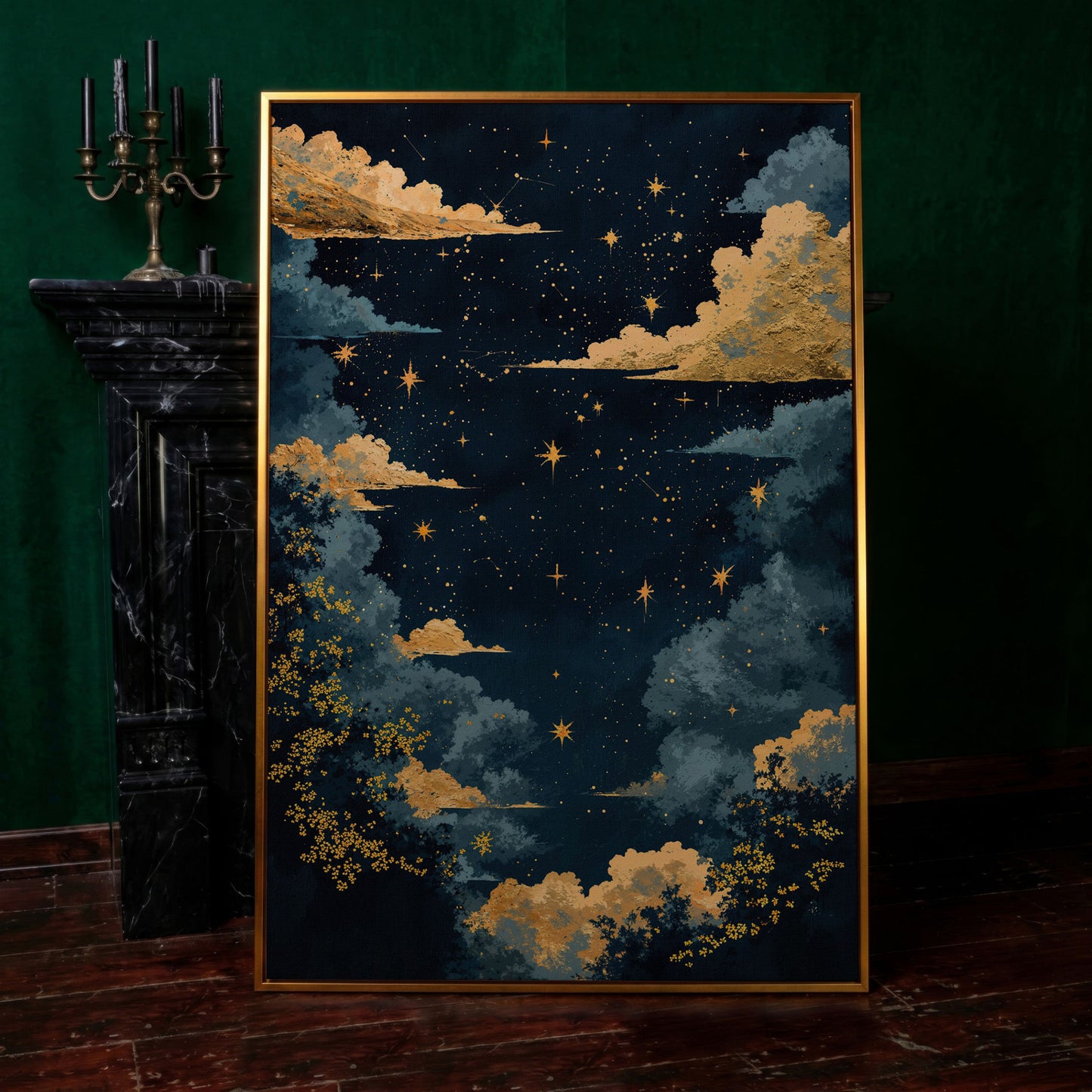 Starry Night Sky with Gold Clouds Canvas Wall Art in antique gold floating frame