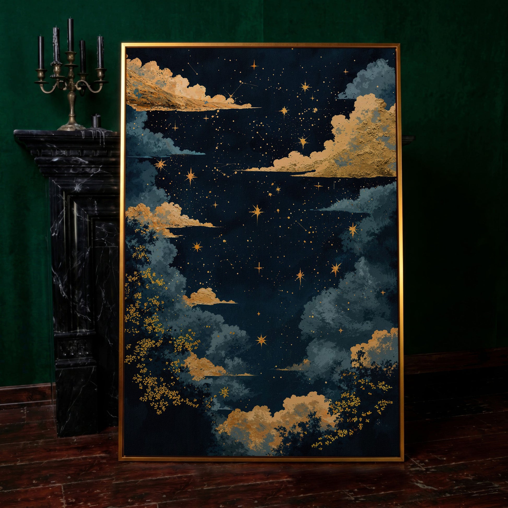 Starry Night Sky with Gold Clouds Canvas Wall Art in antique gold floating frame