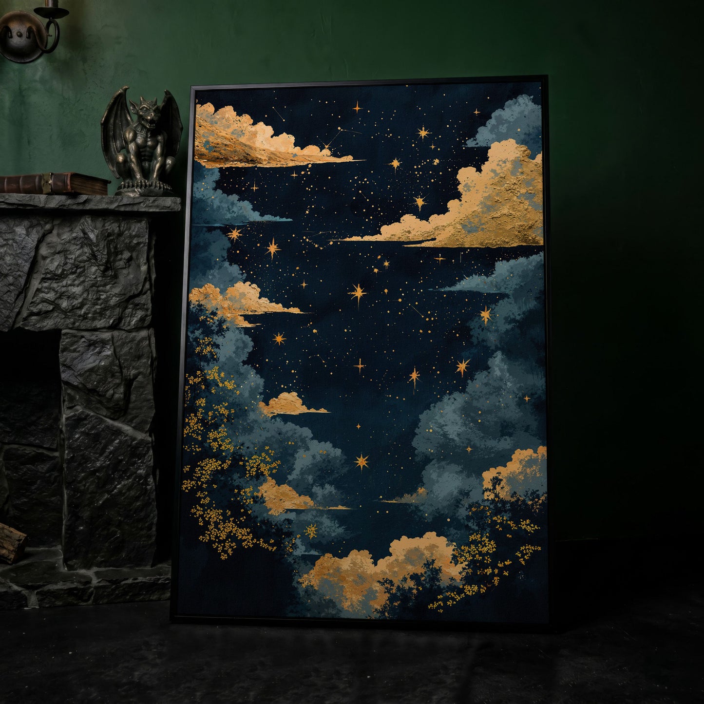 Starry Night Sky with Gold Clouds Canvas Wall Art in black floating frame