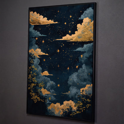 Starry Night Sky with Gold Clouds Canvas Wall Art shown in black floating frame
